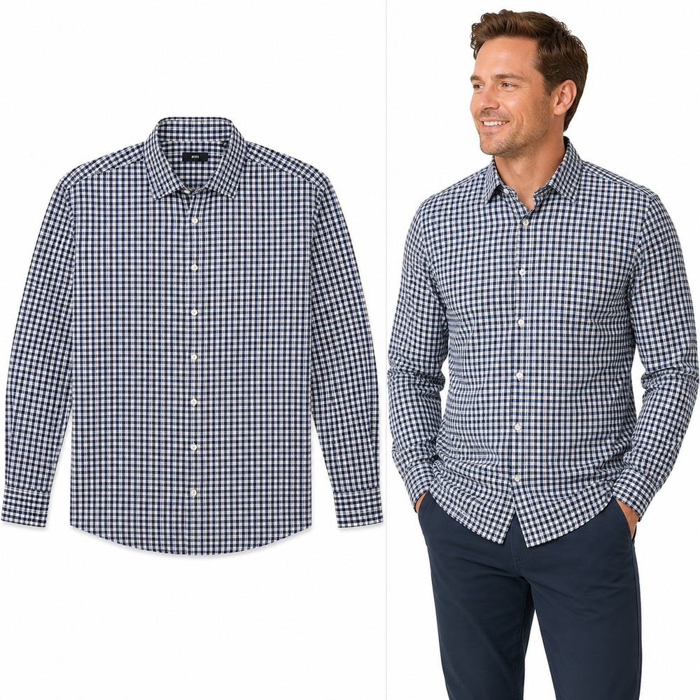 Hugo Boss Sharp Fit Dress Shirt Mens 17.5 34/35 Navy Blue Gingham Check Cotton
